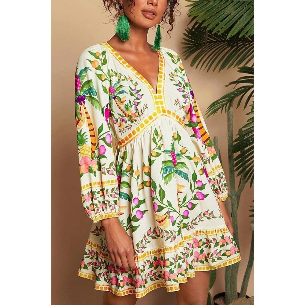 Tropical Botanical VNeck Balloon Sleeve Ruffle Mini Dress Cream Multi Medium NWT